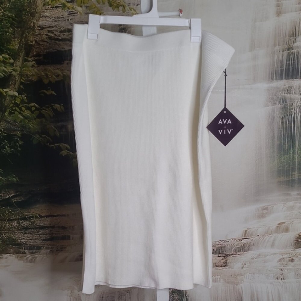 New! Ava & Viv Womens 2X Midi Ribbed Cream Pencil Sweater Skirt